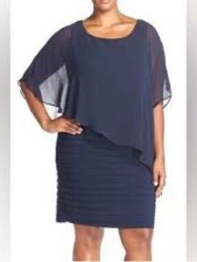 NWT $199 Betsy & Adam Plus Size 22/3X Chiffon Capelet Sheath Dress Navy
